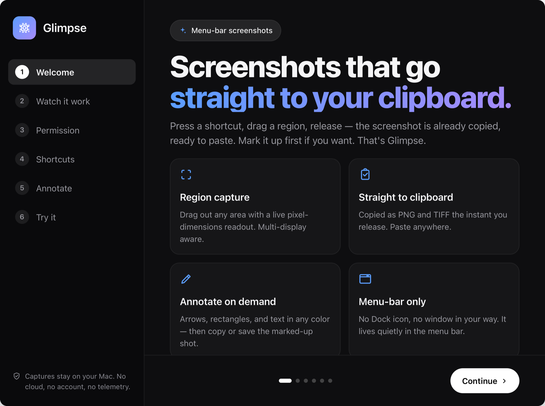 Glimpse onboarding window